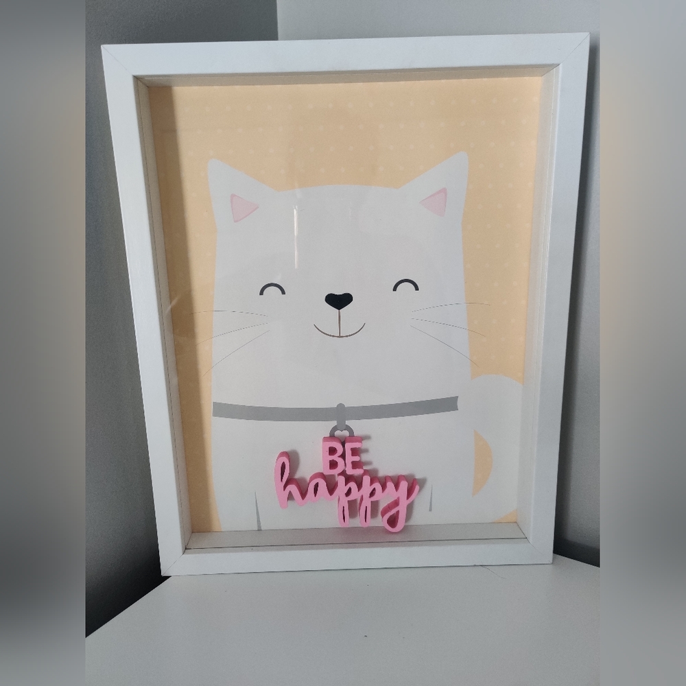 NWT- Cat Wall Art with Frame - "Be Happy"